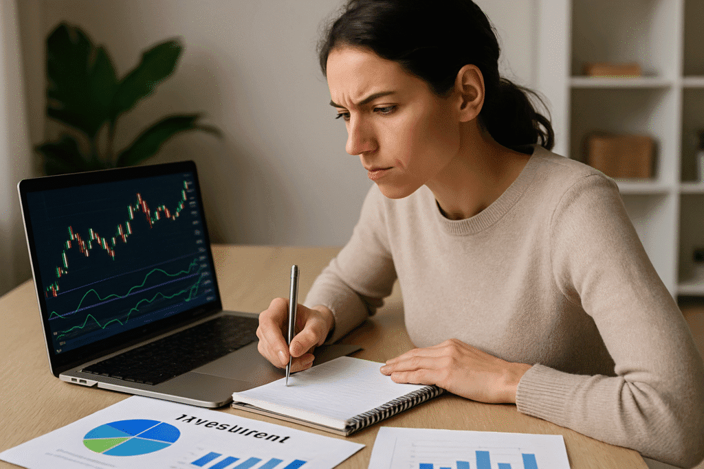 Pessoa avaliando um investimento com foco em riscos e objetivos financeiros — como avaliar um investimento.