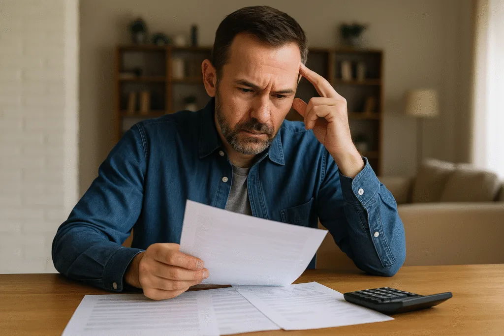 Homem refletindo sobre decisões financeiras e como evitar erros financeiros comuns