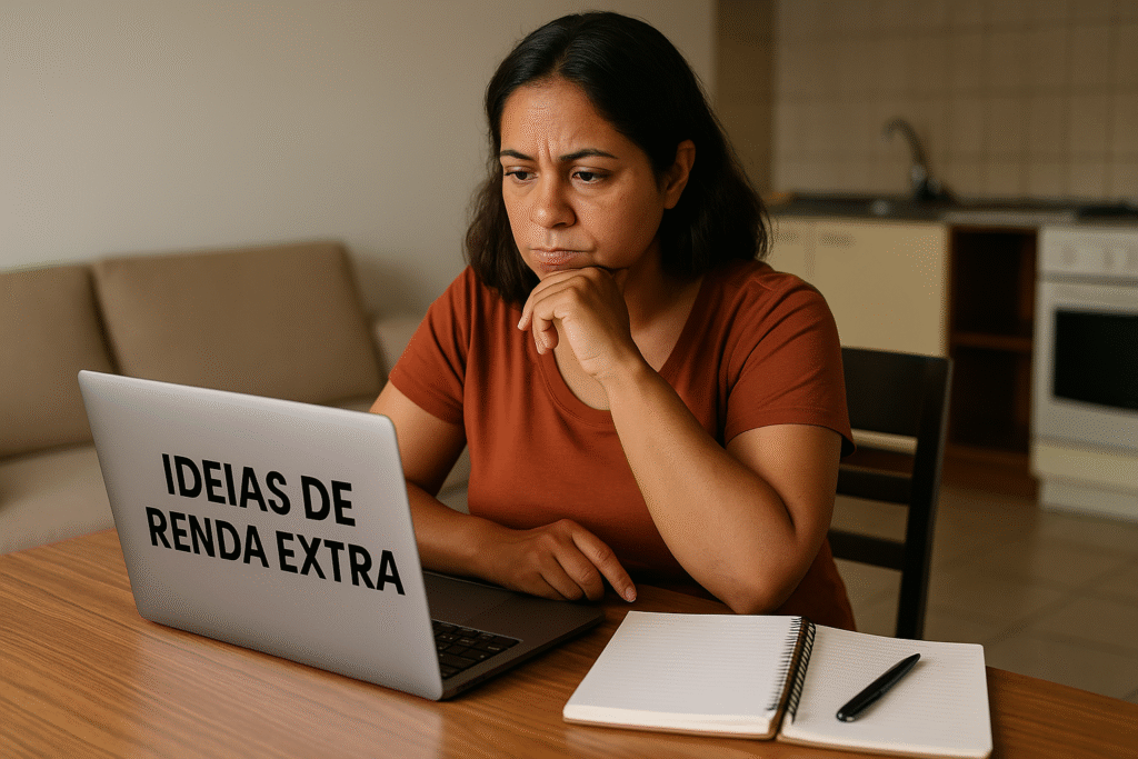 Mulher concentrada,refletindo sobre a verdade sobre renda extra e suas escolhas financeiras