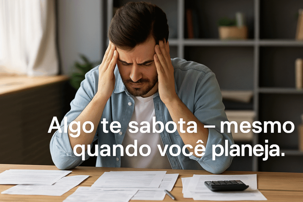Homem frustrado ao revisar contas — representando os impactos dos hábitos financeiros sabotadores